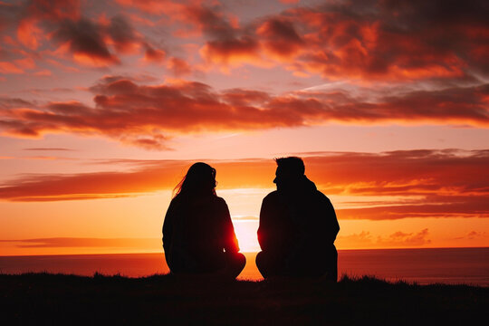 Silhouette man and woman sitting against a dramatic sunset