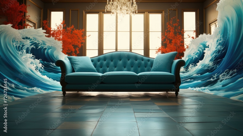 Poster a modern sofa in front of a captivating wave mural. generative ai.