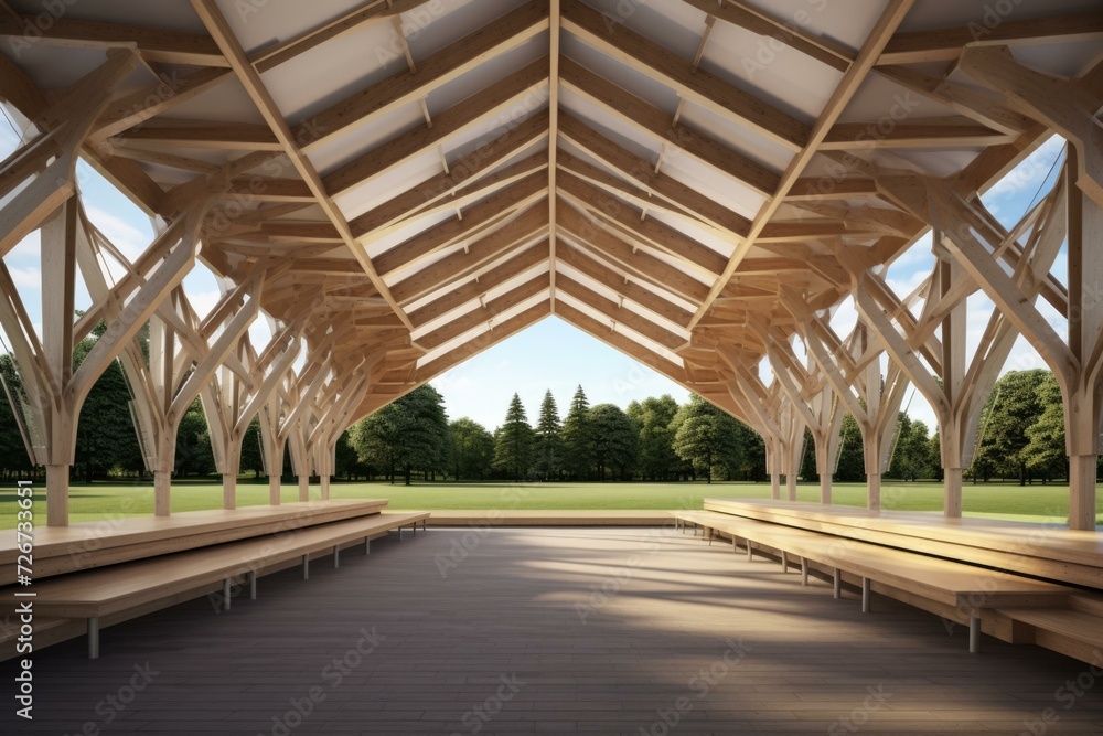 Poster A provisionally wooden pavilion at . Generative AI.