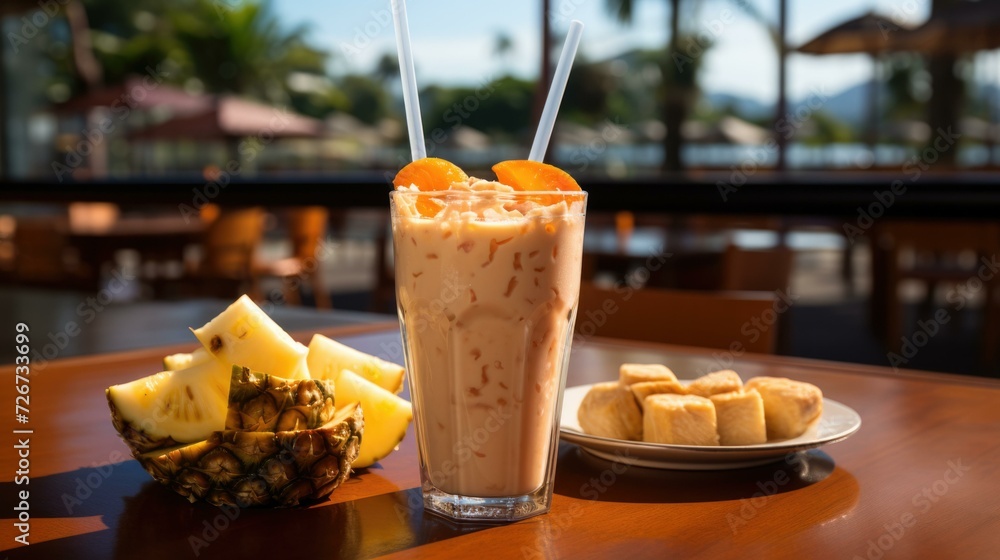 Poster a refreshing tropical fruit smoothie with a slice of pineapple on a table. generative ai.