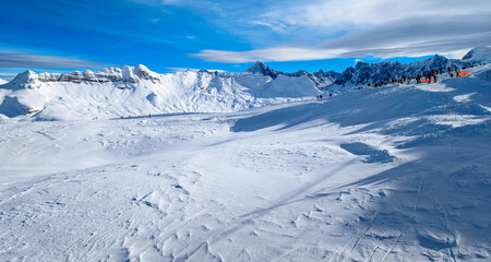 Winter French Alps, ski resort Flaine, Grand Massif near Mont Blanc, France