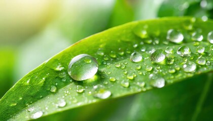 Large beautiful drops of transparent rain water on a green leaf macro. Drops of dew in the morning glow in the sun. Beautiful leaf texture in nature. Natural background.