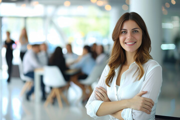 Smiling attractive young business woman in white shirt. Achievement career wealth business concept. Mock up copy space. Holding hands crossed.