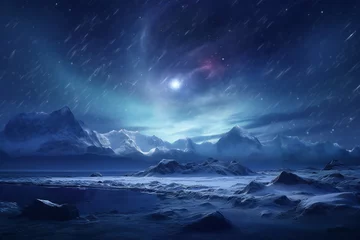 Poster Modern futuristic fantasy night landscape with abstract islands and night sky with space galaxies © Nelia.art