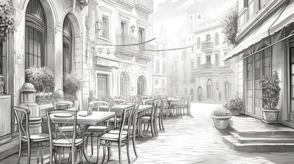 Street cafe with tables and chairs in the old European town. Sketch illustration for coloring book.
