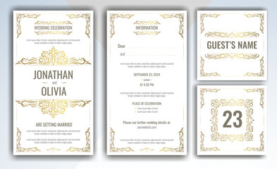 Fototapeta na wymiar Card template luxury Wedding invitation, RSVP, save the date with golden Swirls in victorian style