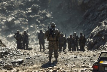 A squad of infantry soldiers traversing treacherous terrain in their military vehicle, braving the rugged outdoors and standing ready to defend their land with unwavering determination