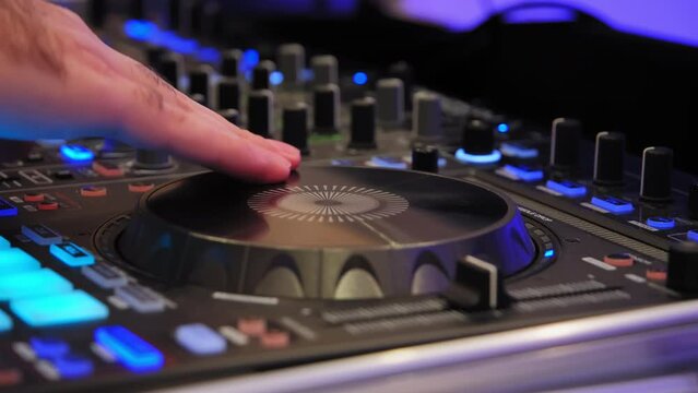 Close up shot of DJ Sound mixer at an event, musical equipment of DJ at night event