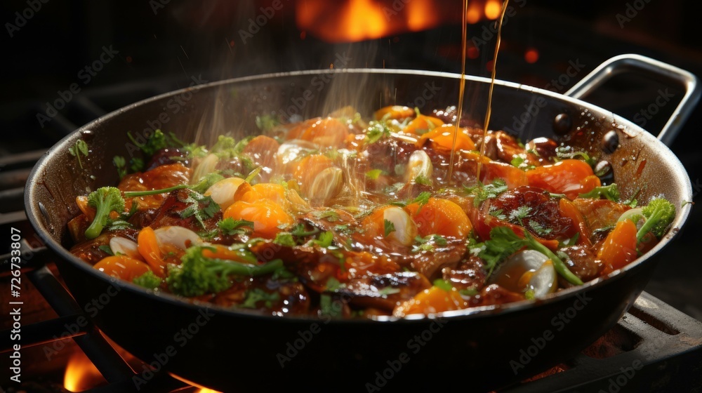 Poster a pan with food being cooked on top of an open fire. generative ai.