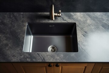 A modern kitchen sink with a black granite countertop. Generative AI.