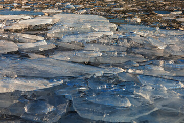 Winter landscape. Ice floes on the lake.