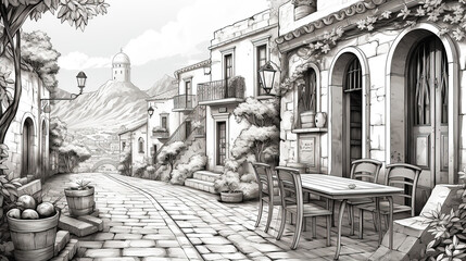 Street cafe with tables and chairs in the old mediterranean town. Sketch illustration for coloring book.