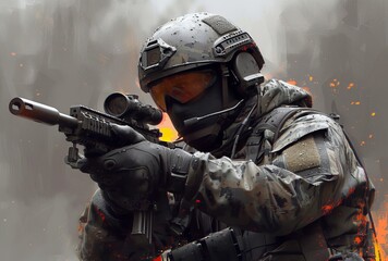 Obraz premium A soldier concealed in camouflage holds a deadly firearm, ready for combat in the outdoor battlefield, exuding violence and intensity in his helmet and ballistic vest