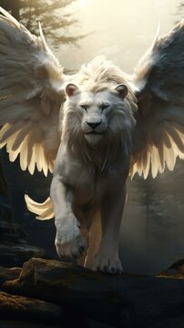White lion with wings and a large head. Generative AI.