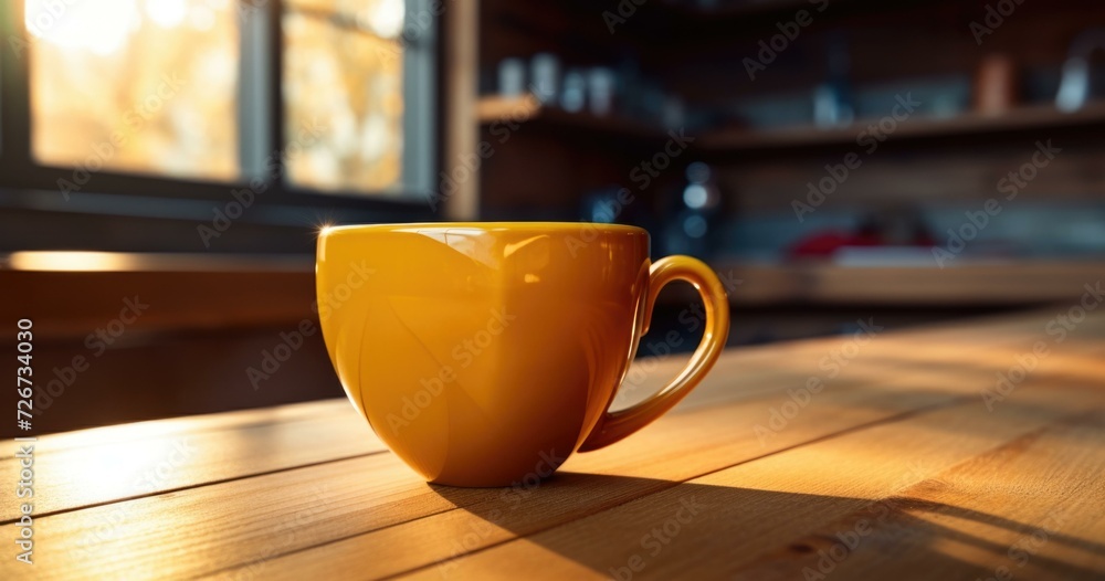 Wall mural A yellow coffee cup sits on a wooden table. Generative AI.