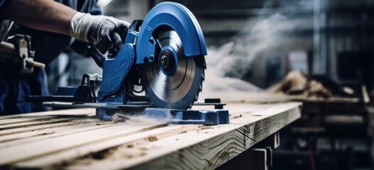 A person cutting wood with a circular saw. Generative AI.