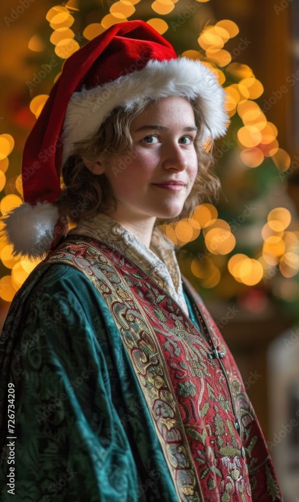 Poster A young woman in a christmas outfit standing in front of a christmas tree. Generative AI.