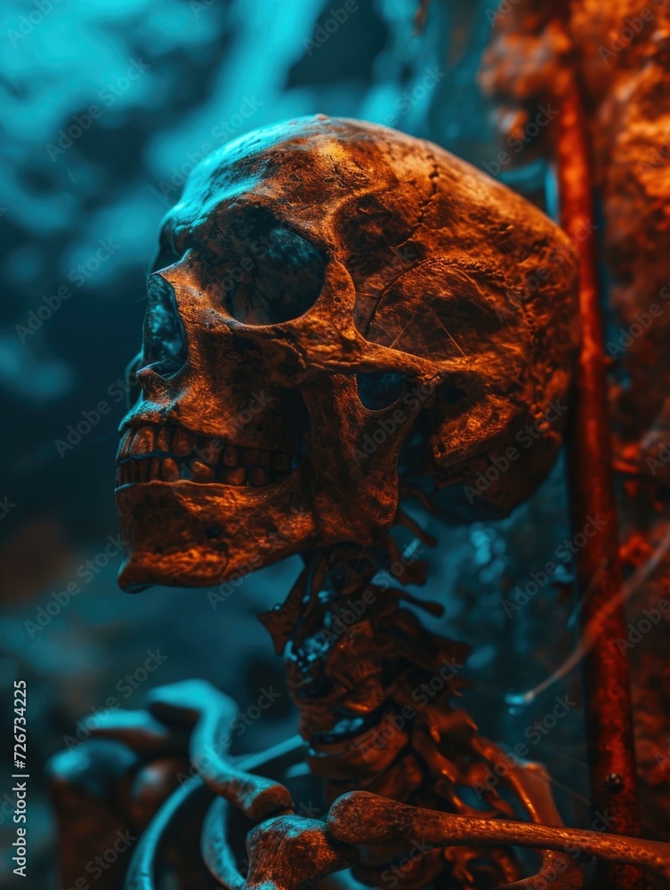 Poster a skeleton is sitting in a cave with a blue light. generative ai.