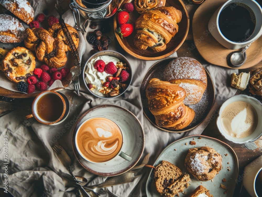 Poster a table with various pastries and coffee. generative ai.