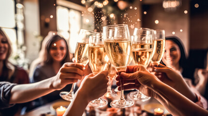 In a joyful celebration, friends raise elegant glasses filled with sparkling champagne or exquisite wine, toasting to shared moments and the spirit of camaraderie.