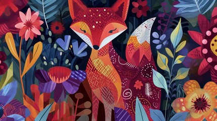  a painting of a red fox surrounded by colorful flowers and leaves, with a blue sky and clouds in the background.