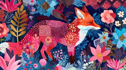  a painting of a red fox surrounded by colorful flowers and leaves on a dark blue background with pink, blue, red, and green leaves.