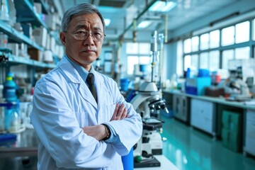 Fototapeta premium An asian man in a lab coat. Generative AI.