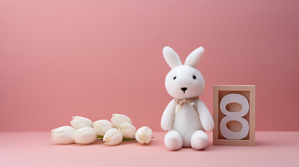 Obraz premium White tulips and wooden block calendar with 8 march date on pink background. Womens day concept. Top view, flat lay.