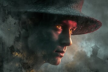 A strikingly surreal portrait of a drenched man, his red face and hat illuminated in the darkness, captured in a masterful painting that evokes both intrigue and mystery