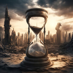 Hourglass in a destroyed city. - obrazy, fototapety, plakaty