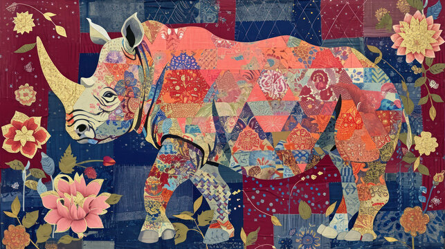  a collage of a rhino and flowers on a red, blue, pink, yellow, and red background.