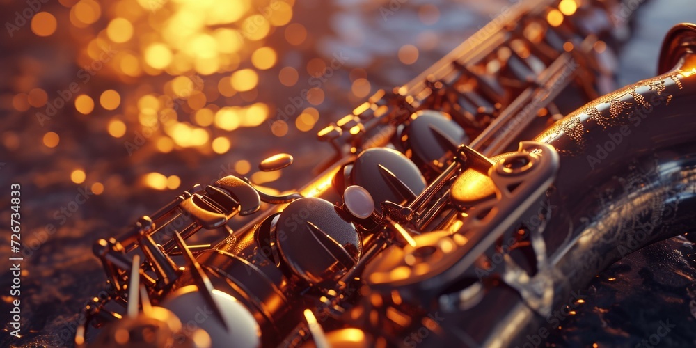 Poster a saxophone is sitting on a table with a golden background. generative ai.