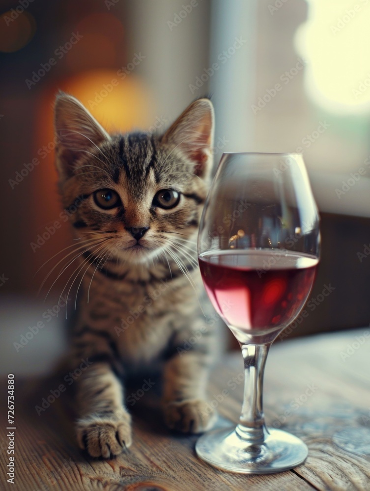 Sticker A cat sitting next to a glass of wine. Generative AI.