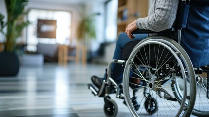 Obraz premium A person in a wheelchair is sitting in the middle of a hallway. Generative AI.