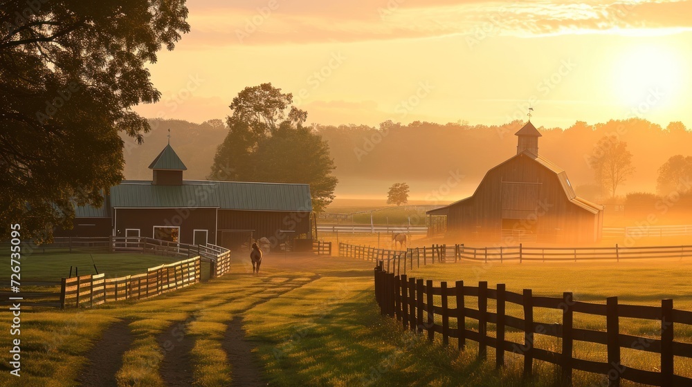 Poster the sun is setting over a farm with a barn and a person walking on a path in the foreground.