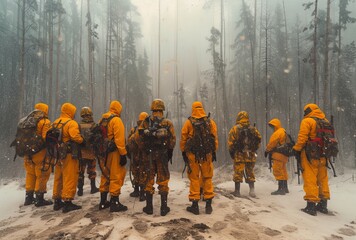 A dedicated group of firefighters braves the winter elements, their bright yellow uniforms standing out against the snowy landscape, as they work together to navigate through the thick fog and save l