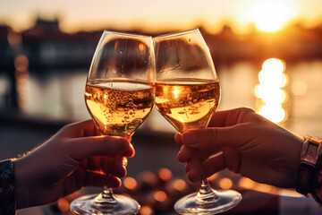 In a joyful celebration, friends raise elegant glasses filled with sparkling champagne or exquisite wine, toasting to shared moments and the spirit of camaraderie.