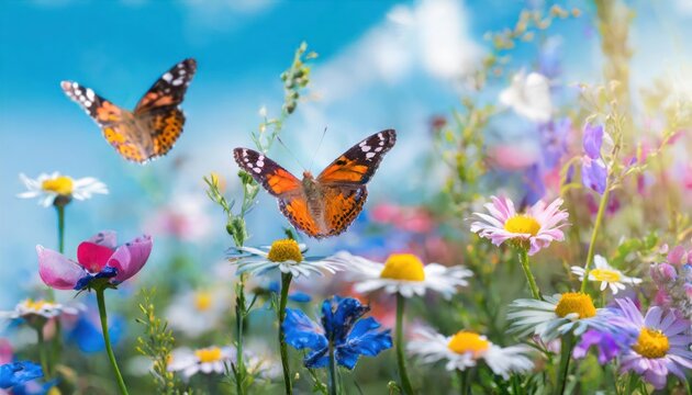 many colors butterflies flying in the summer garden , Beautiful field meadow flowers 