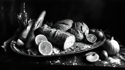  a black and white photo of a platter of bread, onions, lemons, garlic, and garlic bread.