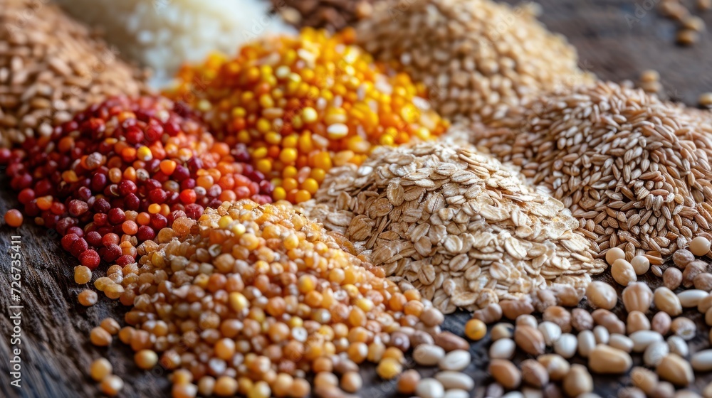 Poster a close up of grains and grains of different colors and sizes on a wooden surface with a spoon in th