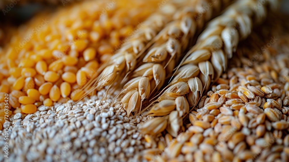 Poster a close up of a bunch of ears of wheat on top of a pile of other ears of wheat on top of each other.