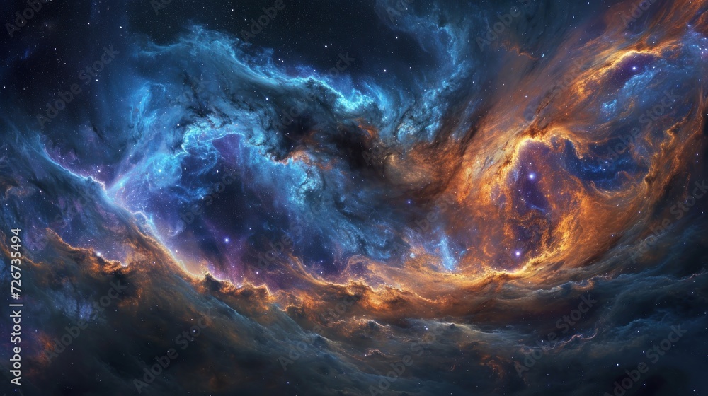 Poster an image of a space scene with stars and a large star in the center of the image is a blue, orange, 