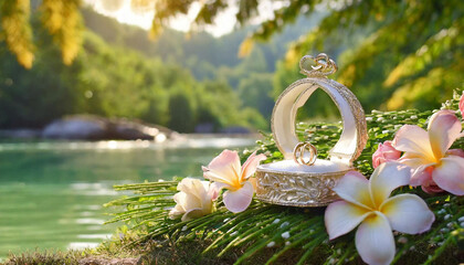 tropical wedding or engagement, gold rings on the grass