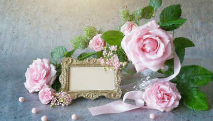 Light vintage wedding or romantic background with roses and frame for text