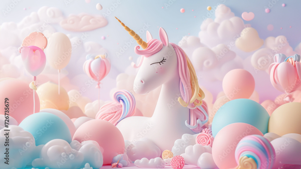 Poster a painting of a unicorn standing in a field of clouds with balloons and lollipops in the background.