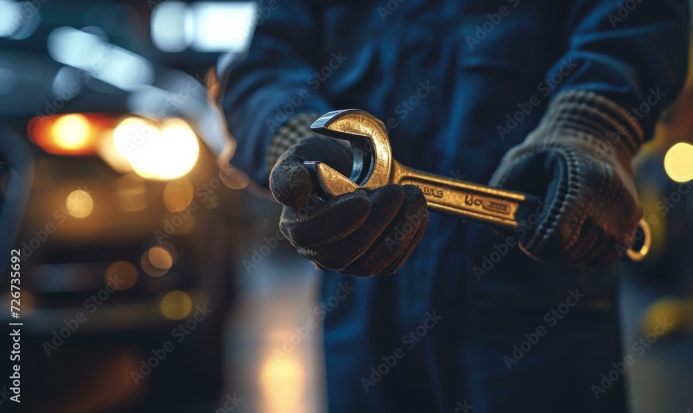 Poster a mechanic holding a wrench in front of a car. generative ai.