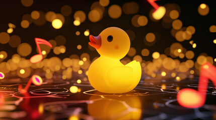 Picture of a toy duck on bokeh background, music notes and symbols all around.