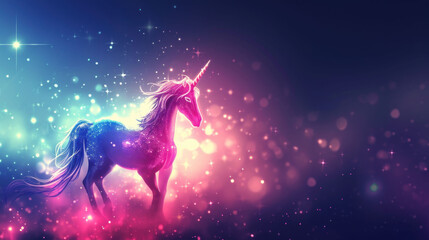 Obraz na płótnie Canvas a pink and blue unicorn standing on top of a lush green and purple field of stars on a blue, pink, and purple background.