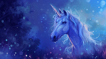  a painting of a unicorn's head with a long mane and a blue background with snow flecks.