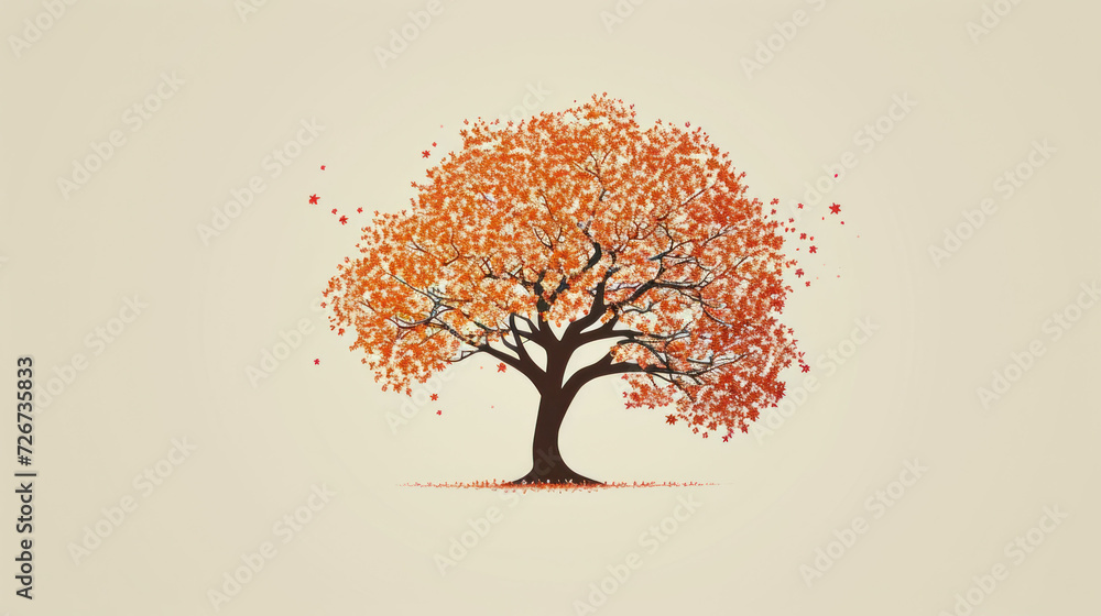 Poster a drawing of a tree with lots of leaves in the shape of a heart on a beige background with a red hou